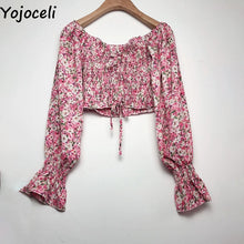 Yojoceli boho beach print blouses shirt women long sleeve ruffle short blouse tops female blusas