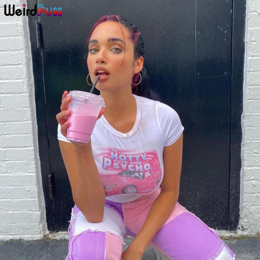 Weird Puss Y2K Summer Skinny Women Graphic T Shirts Navel Trend Print O-Neck Stretchy Short Sleeve Crop Top Streetwear Slim Tees