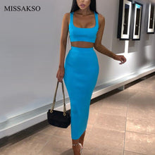 Missakso Two Piece Set Midi Dress Sleeveless Tank Club Fashion Party Summer Women Ribbed Dresses Neon Green Orange Pink