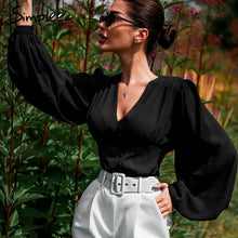 Simplee Lantern sleeve office ladies blouses V neck buttons slim women blouse shirts Chic autumn winter female black tops blusas