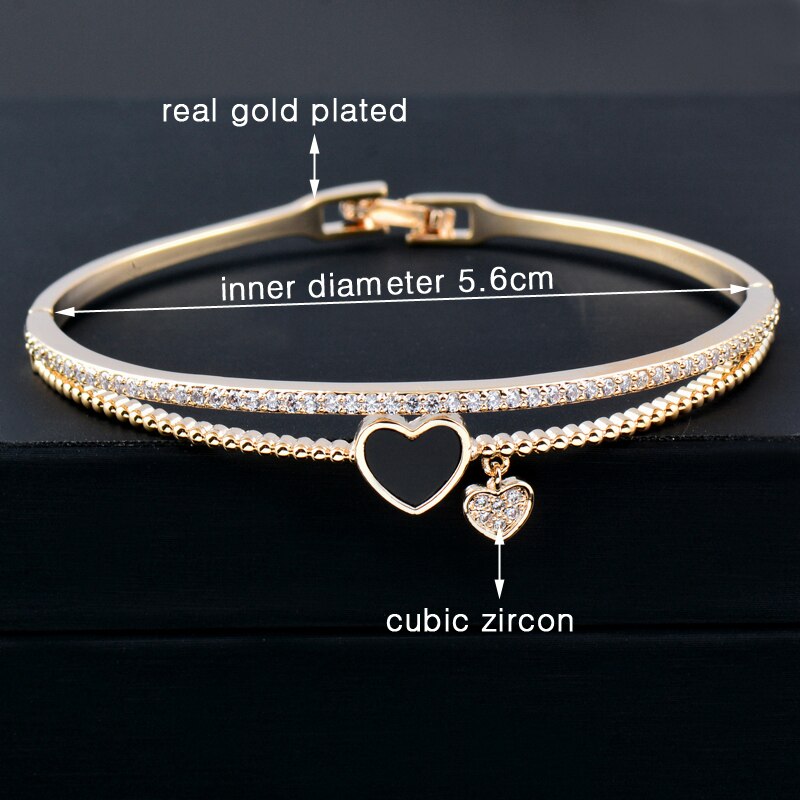 SINLEERY Romantic Black Heart Bangle Cuff For Women Gold Silver Color Crystal Heart Pendant Bracelets Women SL151 SSC