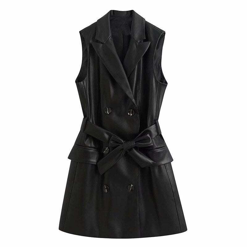 Women 2020 Vintage Fashion PU Faux Leather Waistcoat Double Breasted With Belt Pockets Female Outerwear Chic Tops