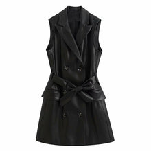 Women 2020 Vintage Fashion PU Faux Leather Waistcoat Double Breasted With Belt Pockets Female Outerwear Chic Tops