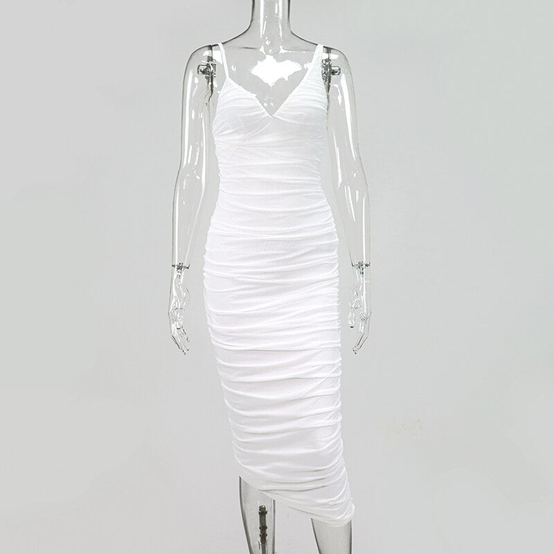 SRUBY Elegant White Mesh Dress Women Chic Spaghetti strap Blackless Midi Bodycon Dresses Summer Club Wear Party Long Dress 2020