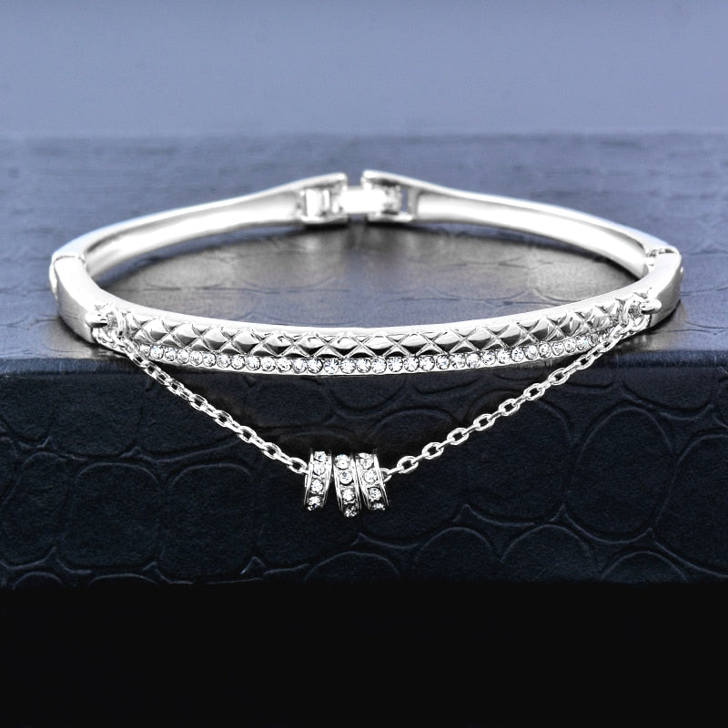 SINLEERY Romantic Black Heart Bangle Cuff For Women Gold Silver Color Crystal Heart Pendant Bracelets Women SL151 SSC
