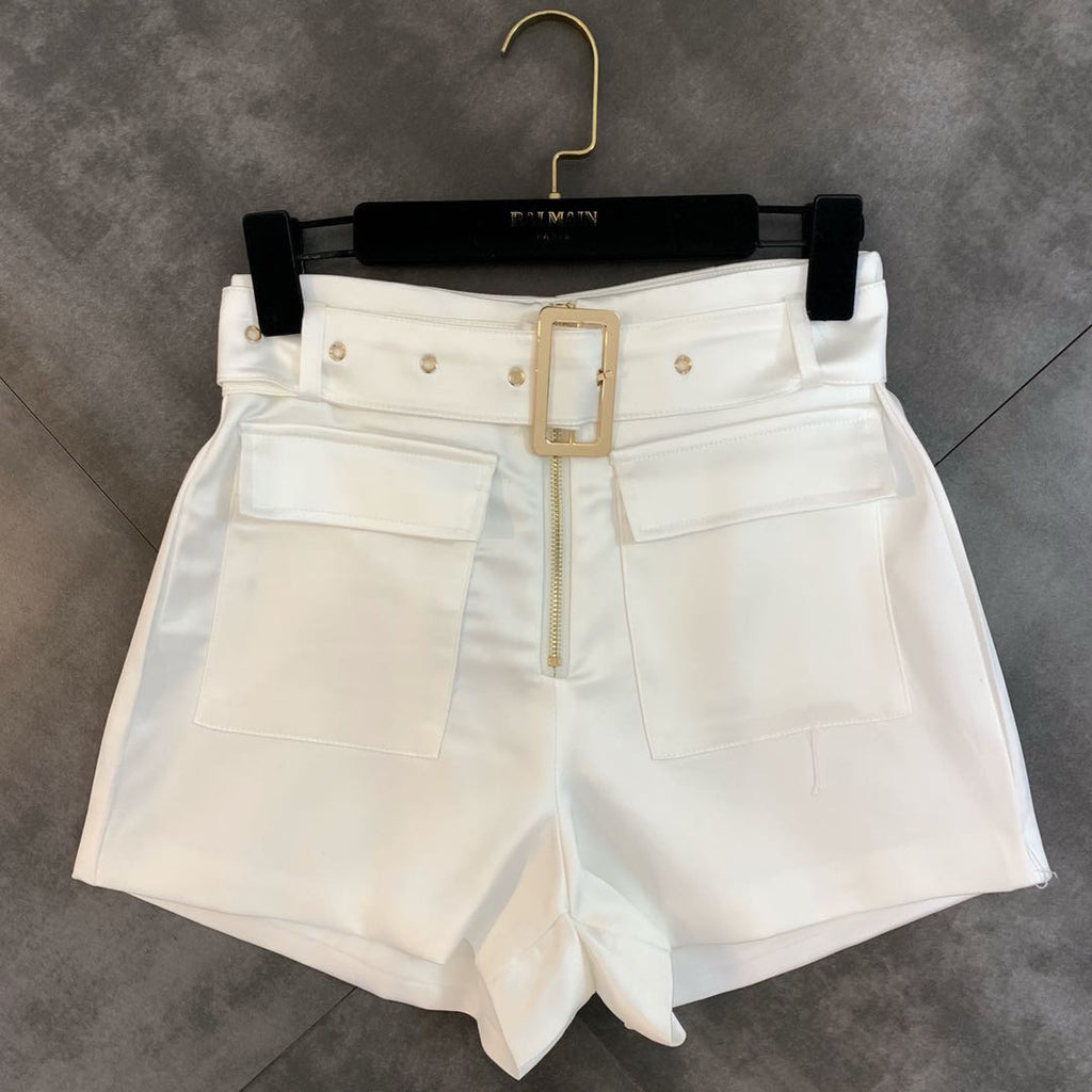 Shorts Women 2020 Spring Autumn Korean Solid Color Belt Casual Shorts High Waist Zipper Wide Leg Trousers Female Belt Shorts