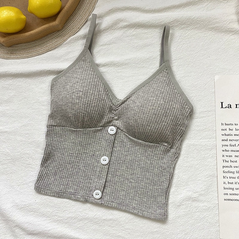 Women's Summer Camisole New 2020 Fashion Cropped Button Outer Wear Thin V-Neck Knit Tops WX73