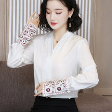 Korean Silk Women Shirts Women Satin Blouse Shirt Plus Size Elegant Woman Long Sleeve Embroidery Blouses Womens Tops and Blouses