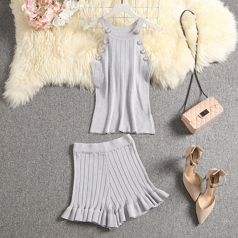 ALPHALMODA 2020 Summer Color Knit Top + Shorts Women 2pcs Lounge Wear Sets Popular Button Tank Top Shorts 2pcs Clothes Set