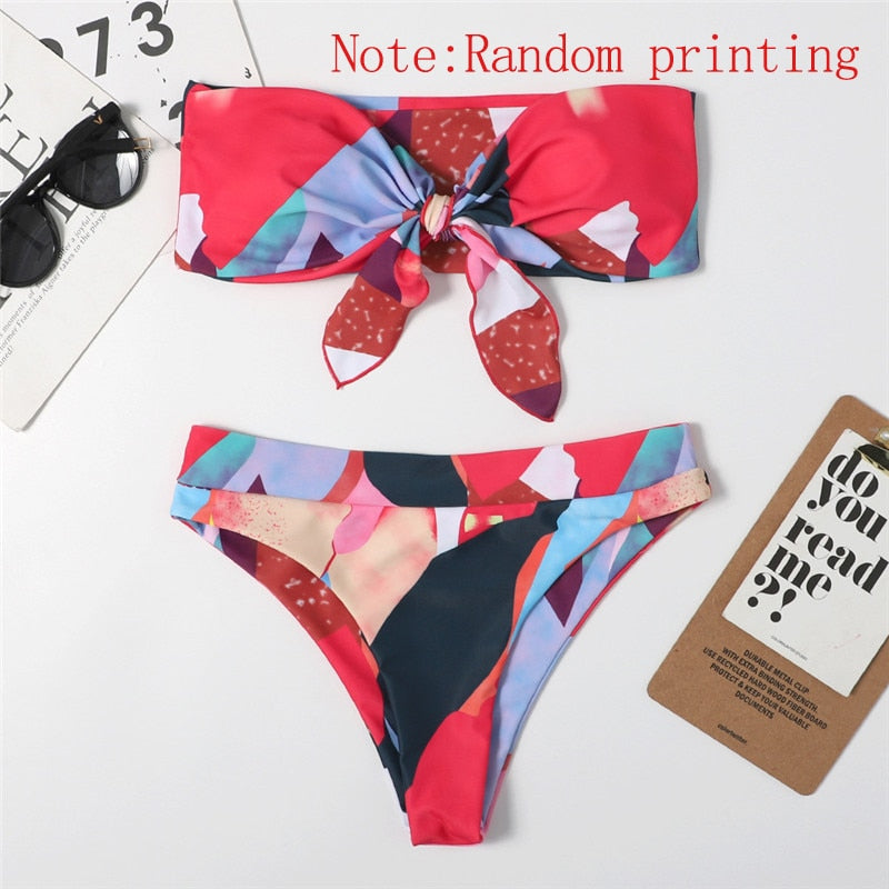 Mossha Brazilian high waist bikini 2021 Bandeau knot swimsuit Colorblock print swimwear women Sexy push bathing suit Beachwear