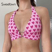 Sweetown Pink Heart Print Cute Bustier Crop Top Women Y2K Aesthetic Kawaii Clothes Sleeveless Backless Lace Up Bralette Camisole