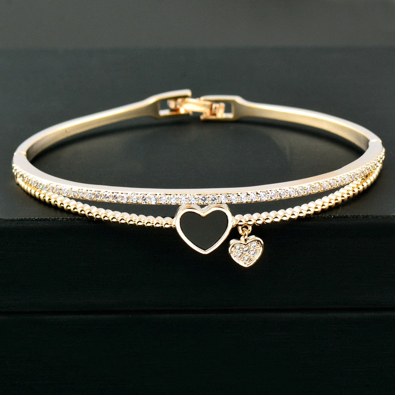 SINLEERY Romantic Black Heart Bangle Cuff For Women Gold Silver Color Crystal Heart Pendant Bracelets Women SL151 SSC