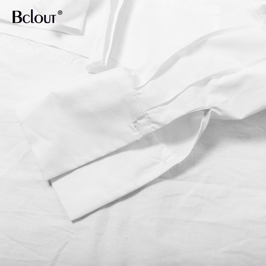 Bclout Casual Crop Top Women Blouses Fashion Turn Down Collar White Shirt Flare Sleeve Blouse Female Autumn Sexy Ladies Tops