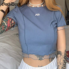 Goth Dark Gothic Hope T-shirts Black Or Blue Ruffles Hem O-neck Bodycon Casaul Women Summer Wear Letter Print Front Crop Tops