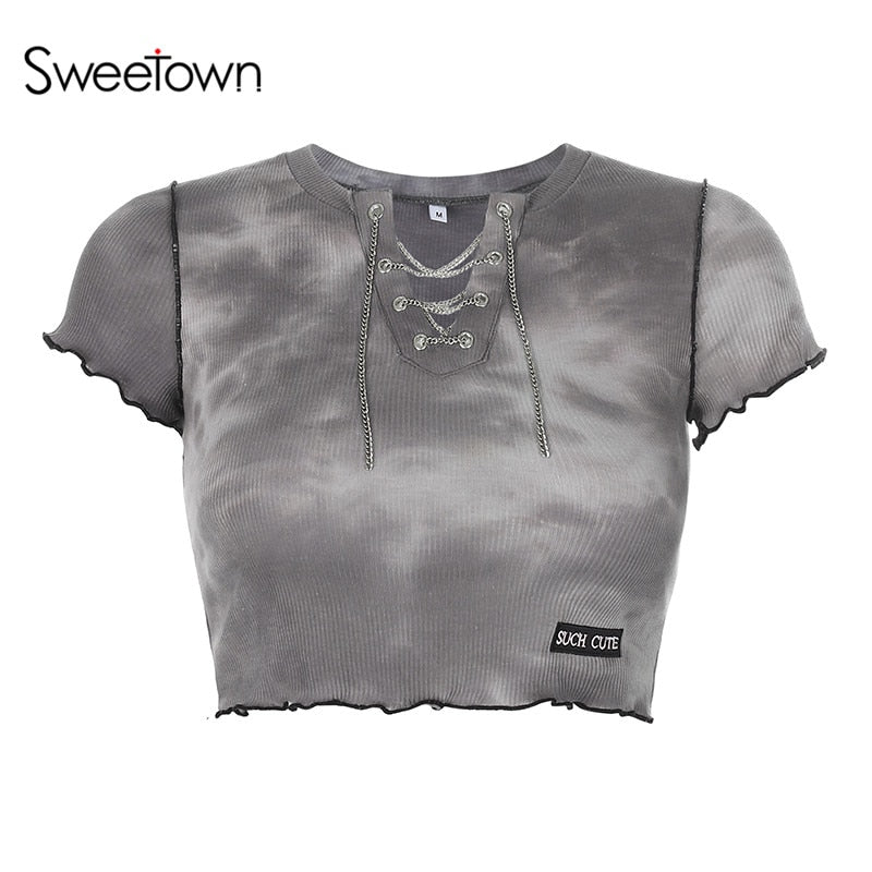 Sweetown Tie Dye Print Short Sleeve V-Neck Chain Women Crop Top Shirt Summer Streetwear Fashion Casual Knitted Female T-Shirt