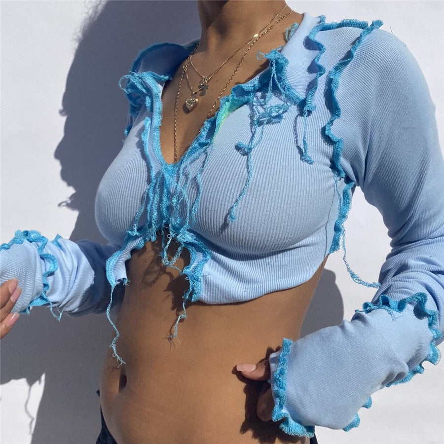 Nibber Autumn Patchwork Broken Design Mesh Crop Top For Women Sexy Punk Style Long Sleeve T-shirt Street Casual Wear Tees Female