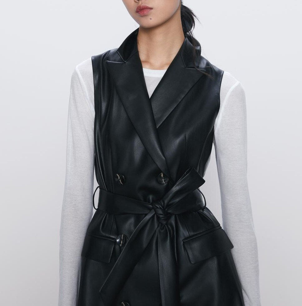 Women 2020 Vintage Fashion PU Faux Leather Waistcoat Double Breasted With Belt Pockets Female Outerwear Chic Tops