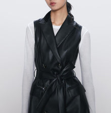 Women 2020 Vintage Fashion PU Faux Leather Waistcoat Double Breasted With Belt Pockets Female Outerwear Chic Tops