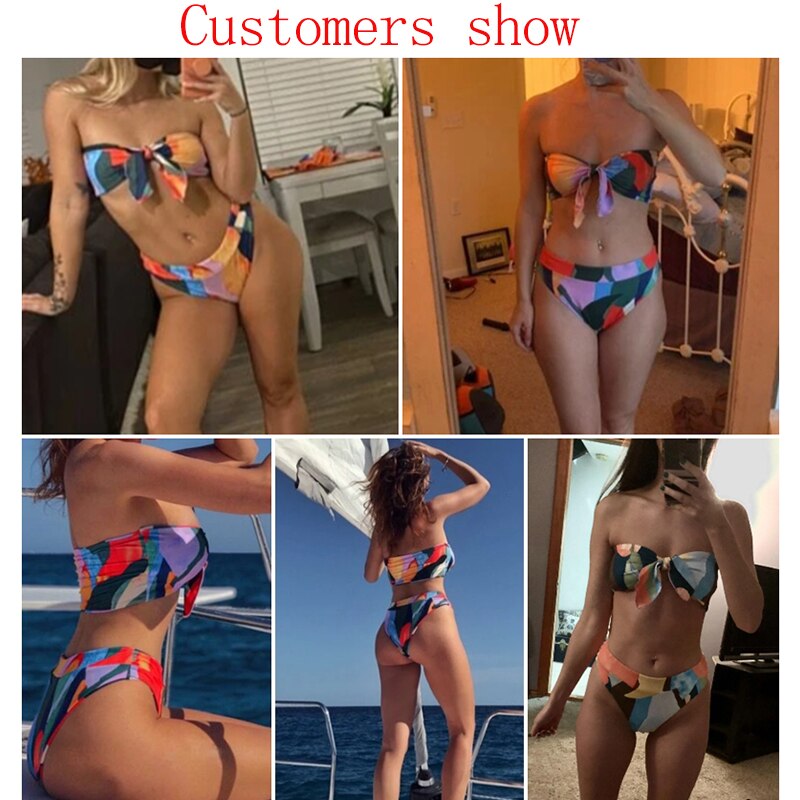 Mossha Brazilian high waist bikini 2021 Bandeau knot swimsuit Colorblock print swimwear women Sexy push bathing suit Beachwear