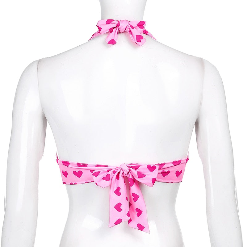 Sweetown Pink Heart Print Cute Bustier Crop Top Women Y2K Aesthetic Kawaii Clothes Sleeveless Backless Lace Up Bralette Camisole