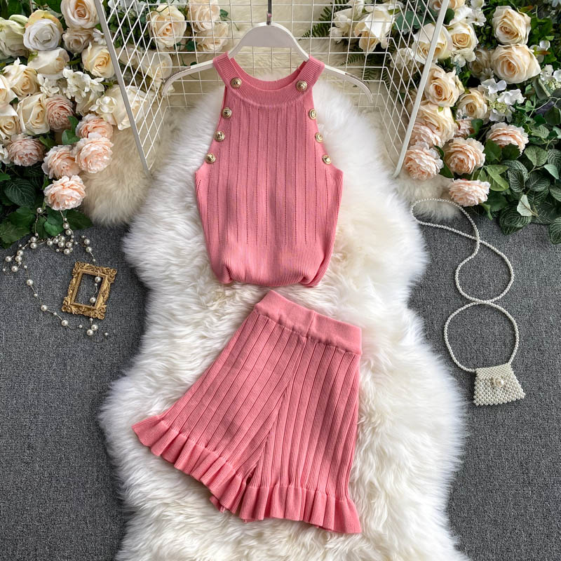 ALPHALMODA 2020 Summer Color Knit Top + Shorts Women 2pcs Lounge Wear Sets Popular Button Tank Top Shorts 2pcs Clothes Set