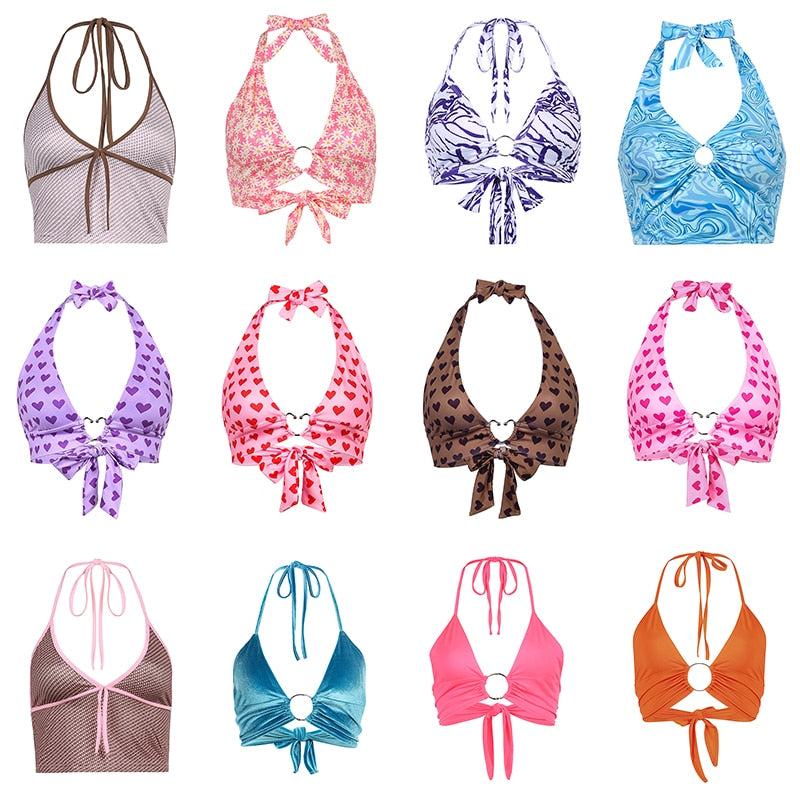 Sweetown Pink Heart Print Cute Bustier Crop Top Women Y2K Aesthetic Kawaii Clothes Sleeveless Backless Lace Up Bralette Camisole