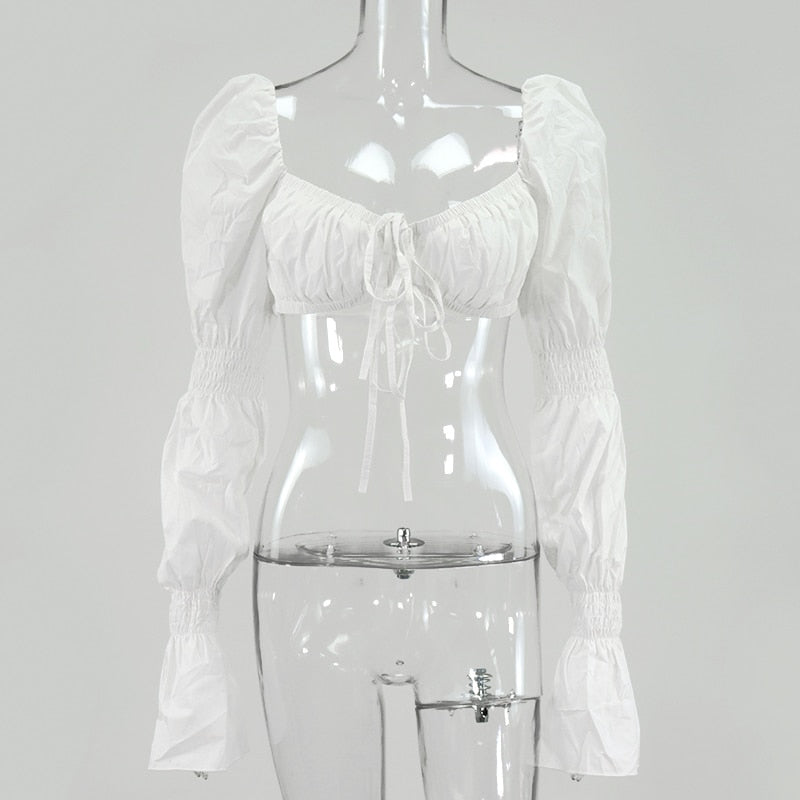 NewAsia White Blusas Women Long Puff Sleeve Vintage Blouses Ruched Lace Up Plus Size Womens Tops Autumn Casual Blouse 2020 New