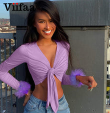 Viifaa Tie Front Fur Cuff Long Sleeve Crop T Shirt Women Clothes 2020 Autumn Winter Pink Tee Tops Sexy Streetwear Fashion Tshirt