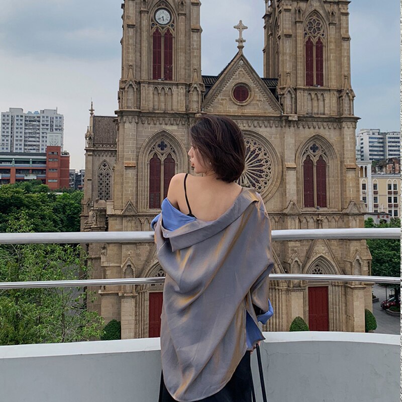 Deeptown Vintage Womens Shirts 2021 Elegant Women Blouses Korean Fashion Button Up Shirt Solid Loose Long Sleeve Shirts Ladies