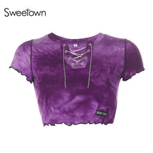 Sweetown Tie Dye Print Short Sleeve V-Neck Chain Women Crop Top Shirt Summer Streetwear Fashion Casual Knitted Female T-Shirt