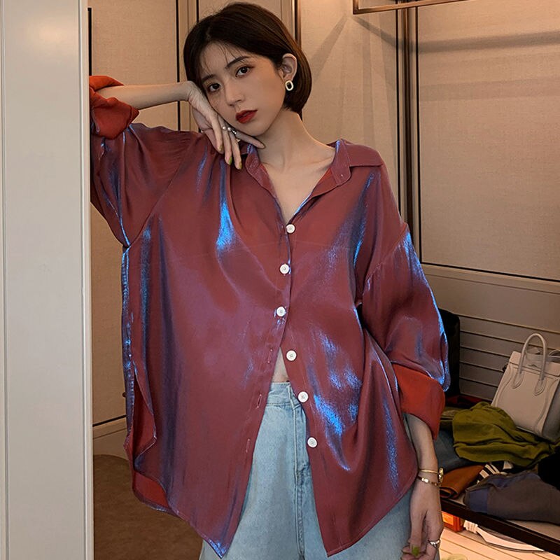 Deeptown Vintage Womens Shirts 2021 Elegant Women Blouses Korean Fashion Button Up Shirt Solid Loose Long Sleeve Shirts Ladies
