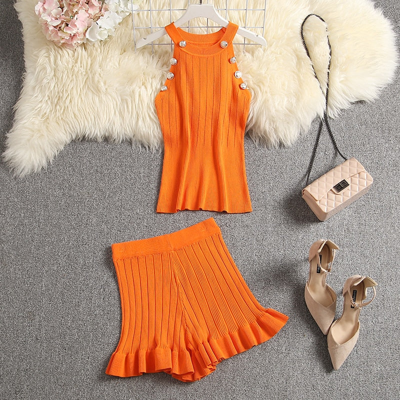ALPHALMODA 2020 Summer Color Knit Top + Shorts Women 2pcs Lounge Wear Sets Popular Button Tank Top Shorts 2pcs Clothes Set