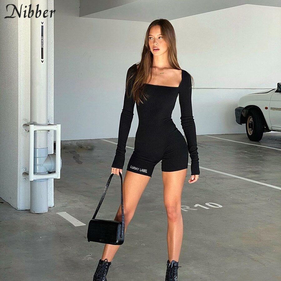 Nibber high street casual knitting playsuits femme 2020 summer black simple stretch Slim Elegant short jumpsuit pure Active Wear