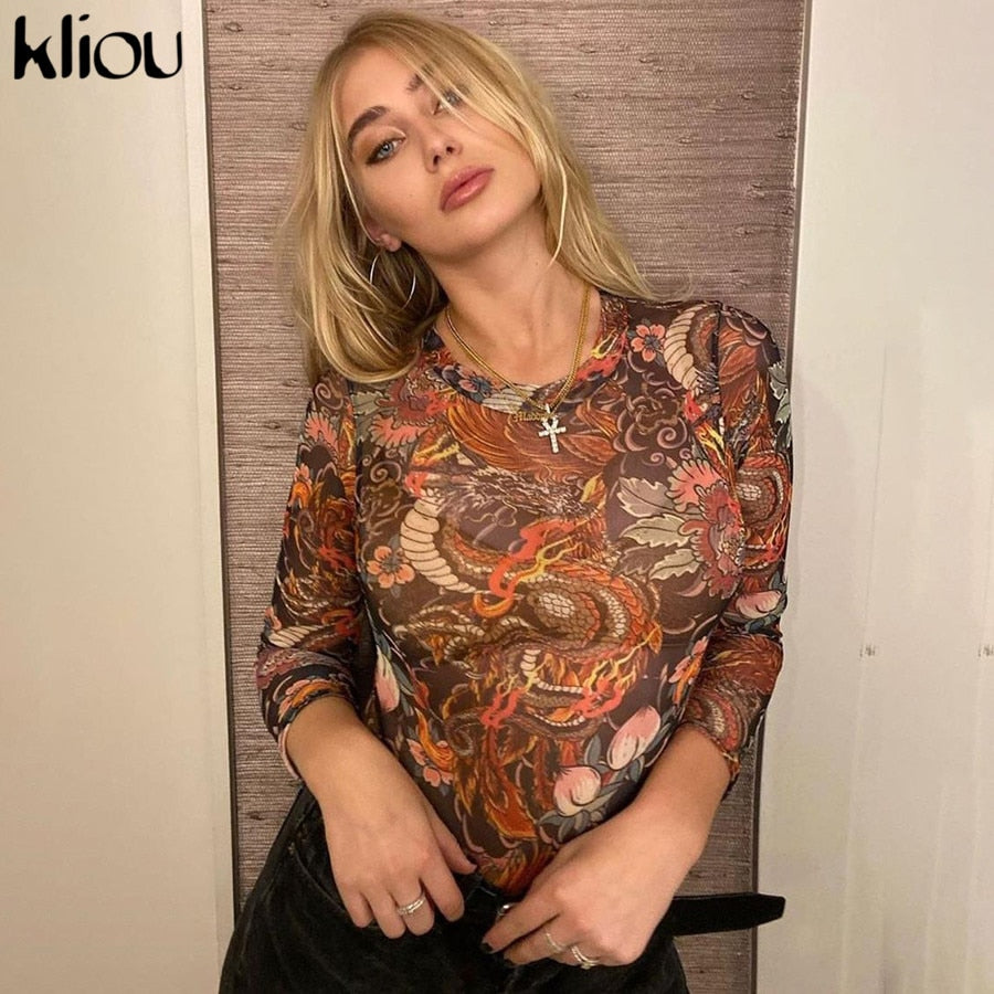 Kliou Vintage Pattern Printed Bodysuit Women Bodycon Autumn Long Sleeve Skinny Pull-over Jumpsuit Rompers Casual Streetwear