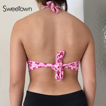 Sweetown Pink Heart Print Cute Bustier Crop Top Women Y2K Aesthetic Kawaii Clothes Sleeveless Backless Lace Up Bralette Camisole