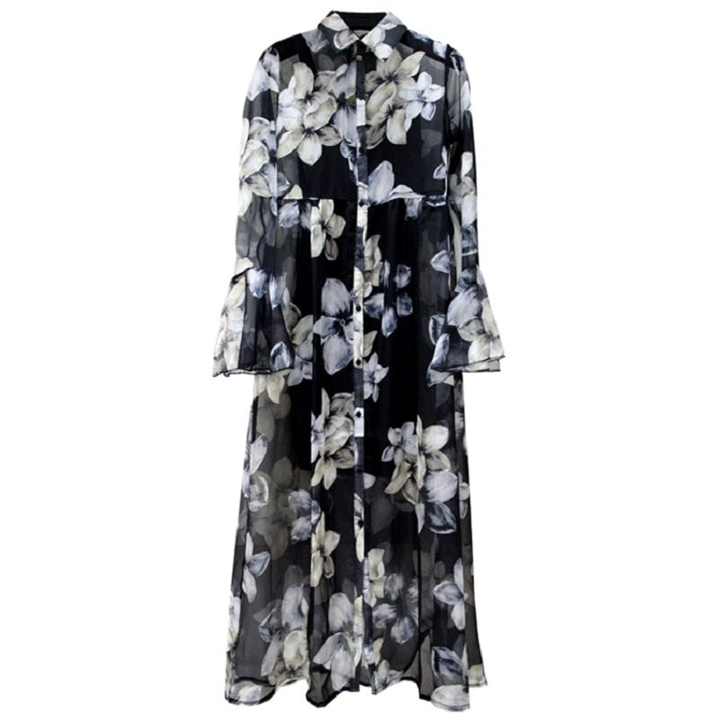 Plus Size Thin Flower Printed Chiffon Cardigan Women Maxi Poncho 2020 Summer Fashion Female Long Kimonos Outwear Coat