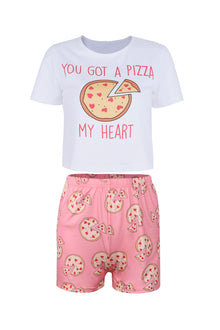 OMSJ 2020 Women Two Piece Set Summer Short Sleeve Crop Top and Shorts Pizza Pattern Print Matching Suit Lady Lounge Wear Outfits