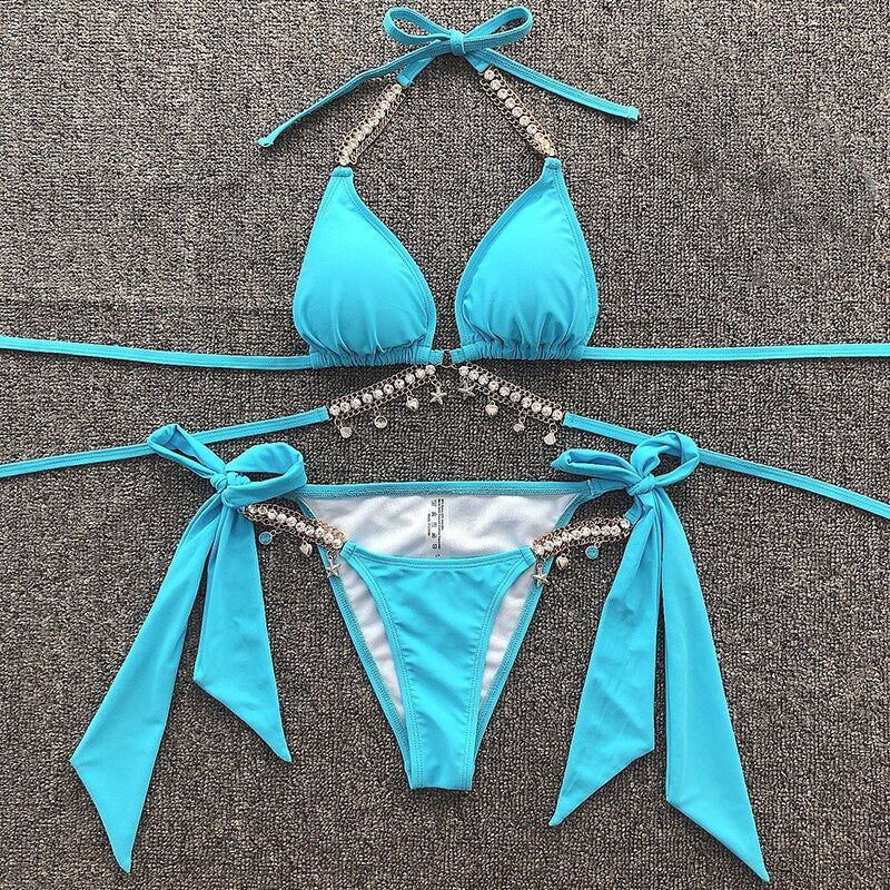 Sexy Bikini Female Swimsuit Crystal Diamond Bikini Set 2021 Women Swimwear Two Pieces Swimsuit Bandage Bathing Suits Beach Wear