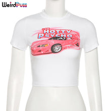 Weird Puss Y2K Summer Skinny Women Graphic T Shirts Navel Trend Print O-Neck Stretchy Short Sleeve Crop Top Streetwear Slim Tees
