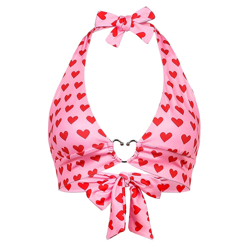 Sweetown Pink Heart Print Cute Bustier Crop Top Women Y2K Aesthetic Kawaii Clothes Sleeveless Backless Lace Up Bralette Camisole