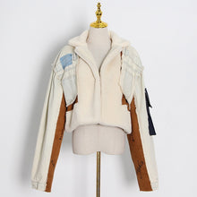 TWOTWINSTYLE Patchowrk Lambswool Denim Jacket For Women Lapel Long Sleeve Tassel Casual Coat Female 2020 Winter Fashion New Tide