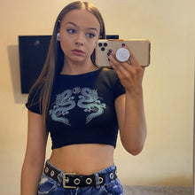 InsGoth Harajuku Sexy Black T-shirts Women Streetwear Gothic Dragon Print Bodycon Tops Casual Female Summer T-shirt