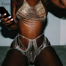 Luxury Crystal Harness Body Chain Two Piece Set 2020 Rhinestone Sequin Metallic Crop Top and Shorts Bra Belly Chain Women Set