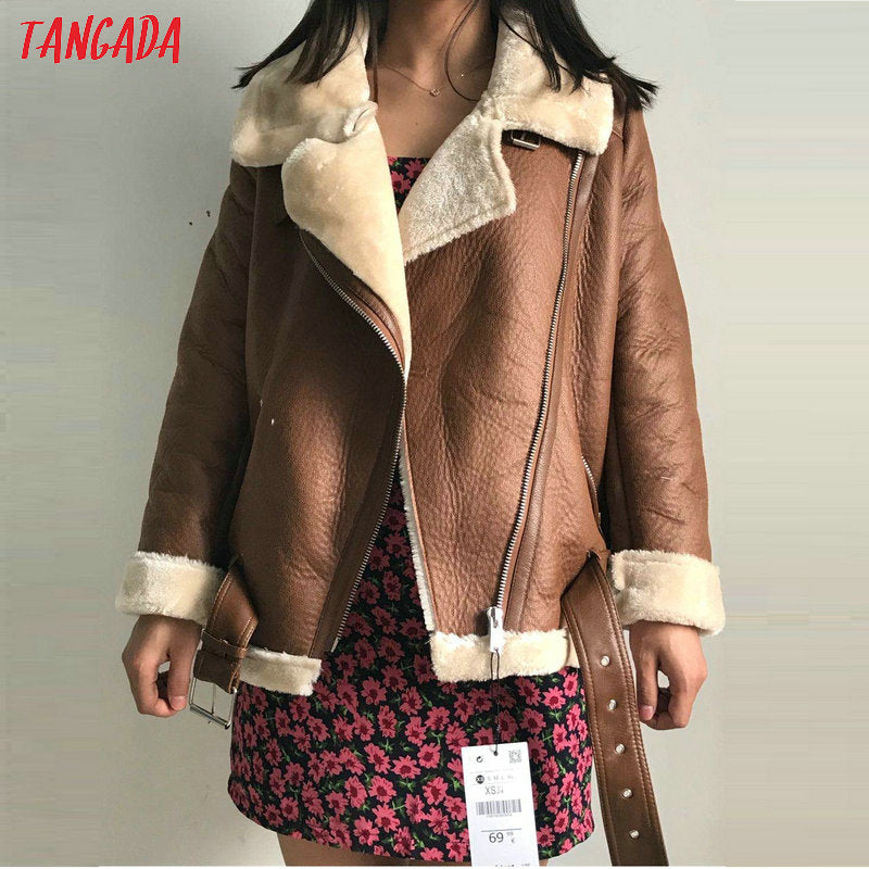 Tangada Women beige fur faux leather jacket coat with belt turn down collar Ladies 2019 Winter Thick Warm Oversized Coat 5B01