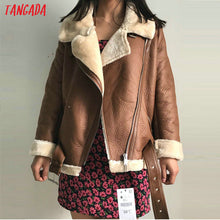 Tangada Women beige fur faux leather jacket coat with belt turn down collar Ladies 2019 Winter Thick Warm Oversized Coat 5B01