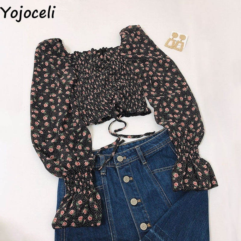 Yojoceli boho beach print blouses shirt women long sleeve ruffle short blouse tops female blusas