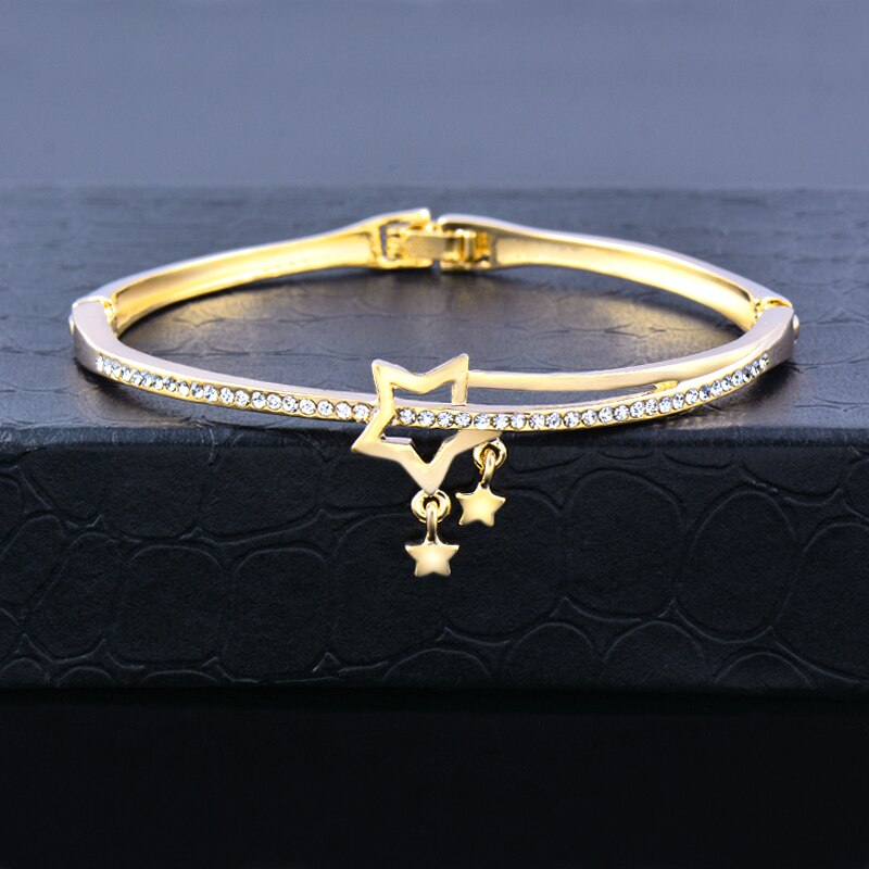 SINLEERY Romantic Black Heart Bangle Cuff For Women Gold Silver Color Crystal Heart Pendant Bracelets Women SL151 SSC