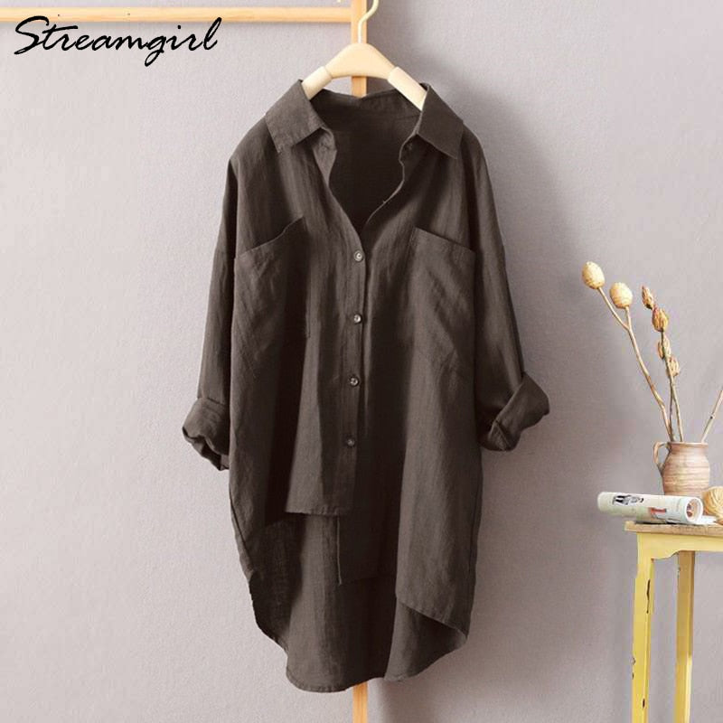 White Linen Shirt Women Long Sleeve Summer Work Wear White Shirt Linen Blouse Female Women's Blouse Women's Shirts With Pocket
