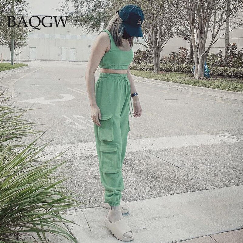 Solid Sports Wear 2 Piece Women Set Summer Casual Crop Top and Pants Set Tracksuit Female Two Piece Set 2020 Autum Clothes Suits