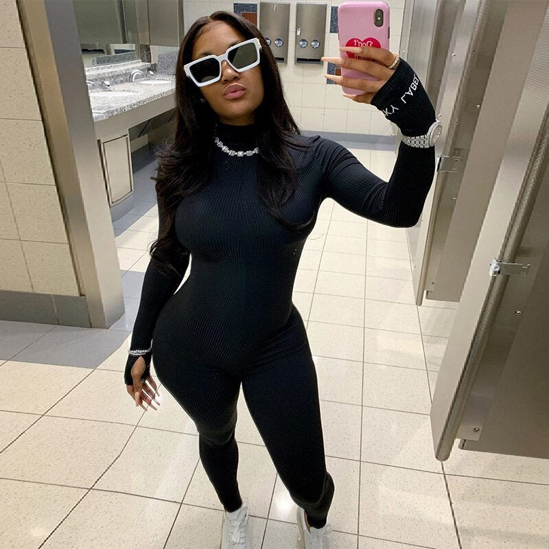 WannaThis Workout Active Wear Rompers Women Jumpsuit Cotton Hight Neck Long Sleeve Fitness Zipper Playsuit Elastic Skinny Casual